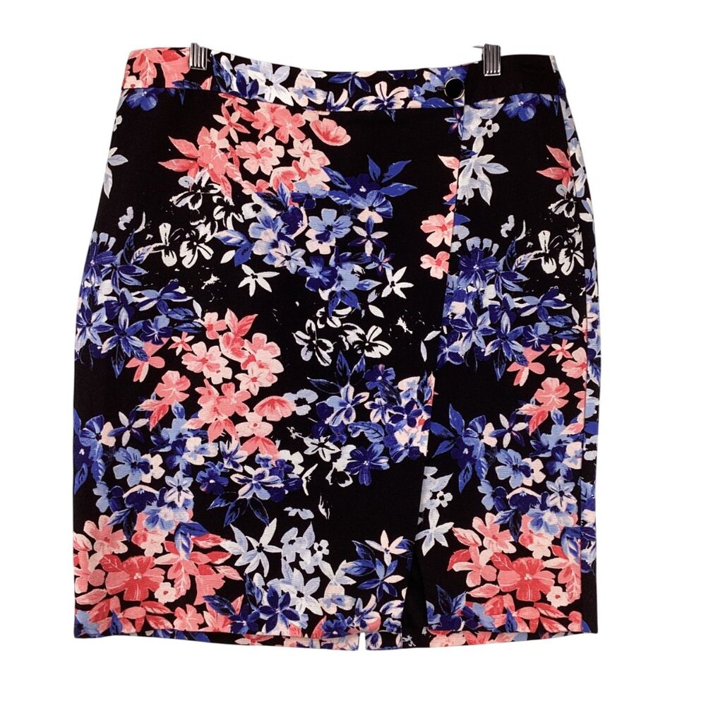 Talbots Womens Skirt Size 14P 14 Petites Black Blue Pink Floral‎ Cotton Lined